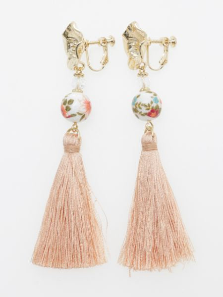 Bellflower Ball Tassel Clip Earrings