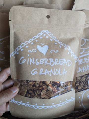 bag of homemade gingerbread granola drawn with a chalk marker