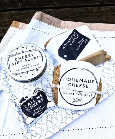 Variety of cheeses wrapped in Free Valentine's Day gift labels cheese labels for gift basket