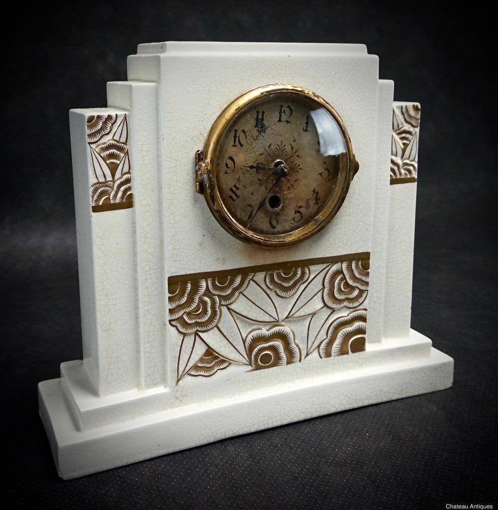 Orchies French Art Deco Clock Stylised Flowers Craquele
