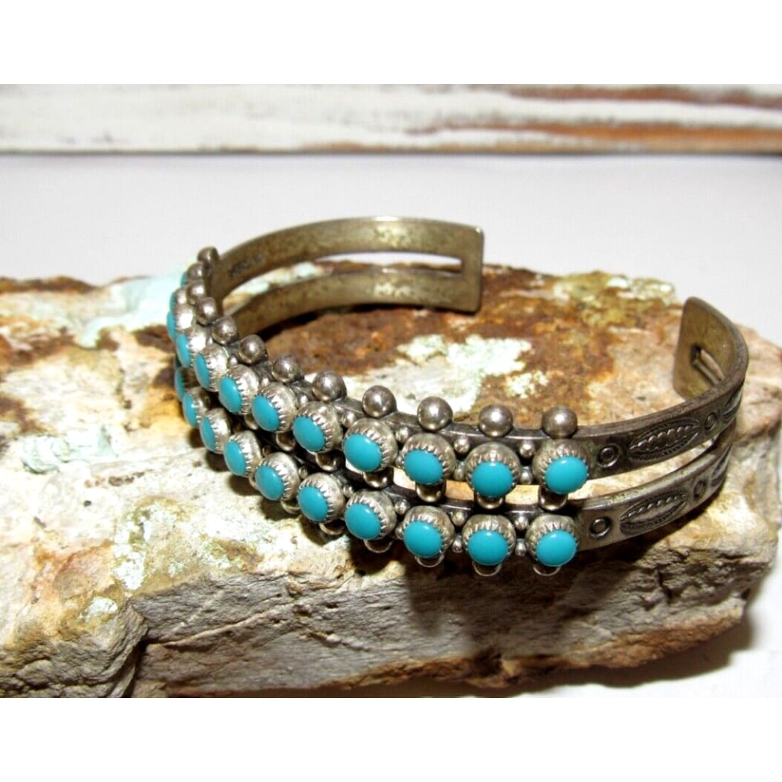 Old Pawn Zuni Snake Eye Turquoise Cuff Bracelet Sterling Silver