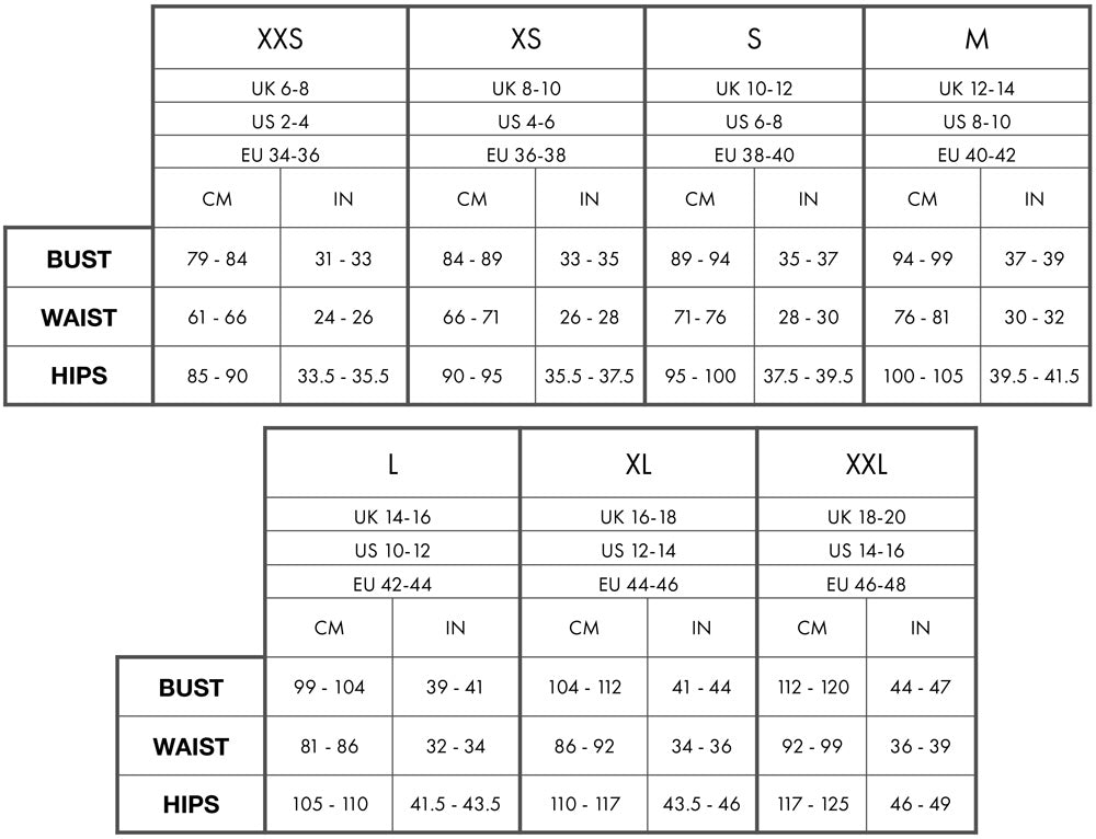 Electra Designs  Standard Size Charts