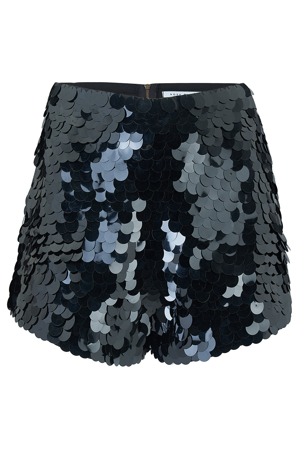 Rosa Bloom black glossy sequin shorts high-waisted