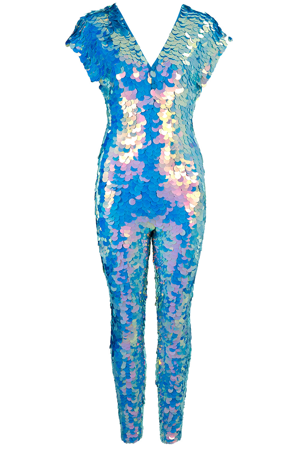 Jumpsuit covered in large round iridescent blue sequins