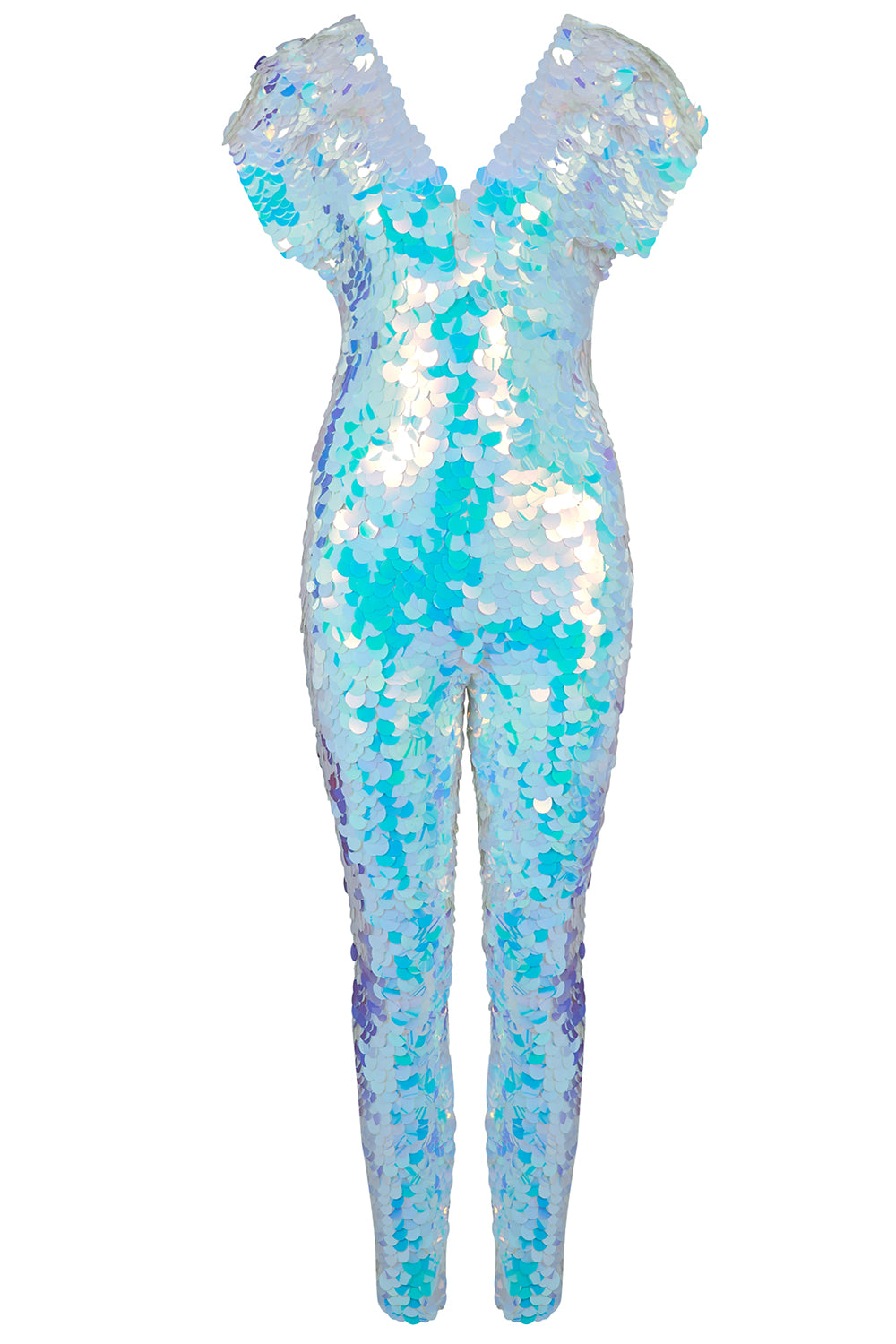 Jumpsuit covered in large round iridescent white sequins 