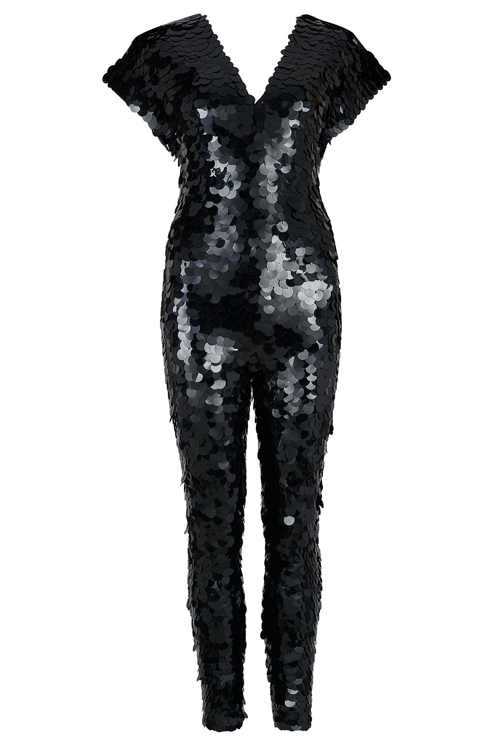 A catsuit covered in large round black sequins