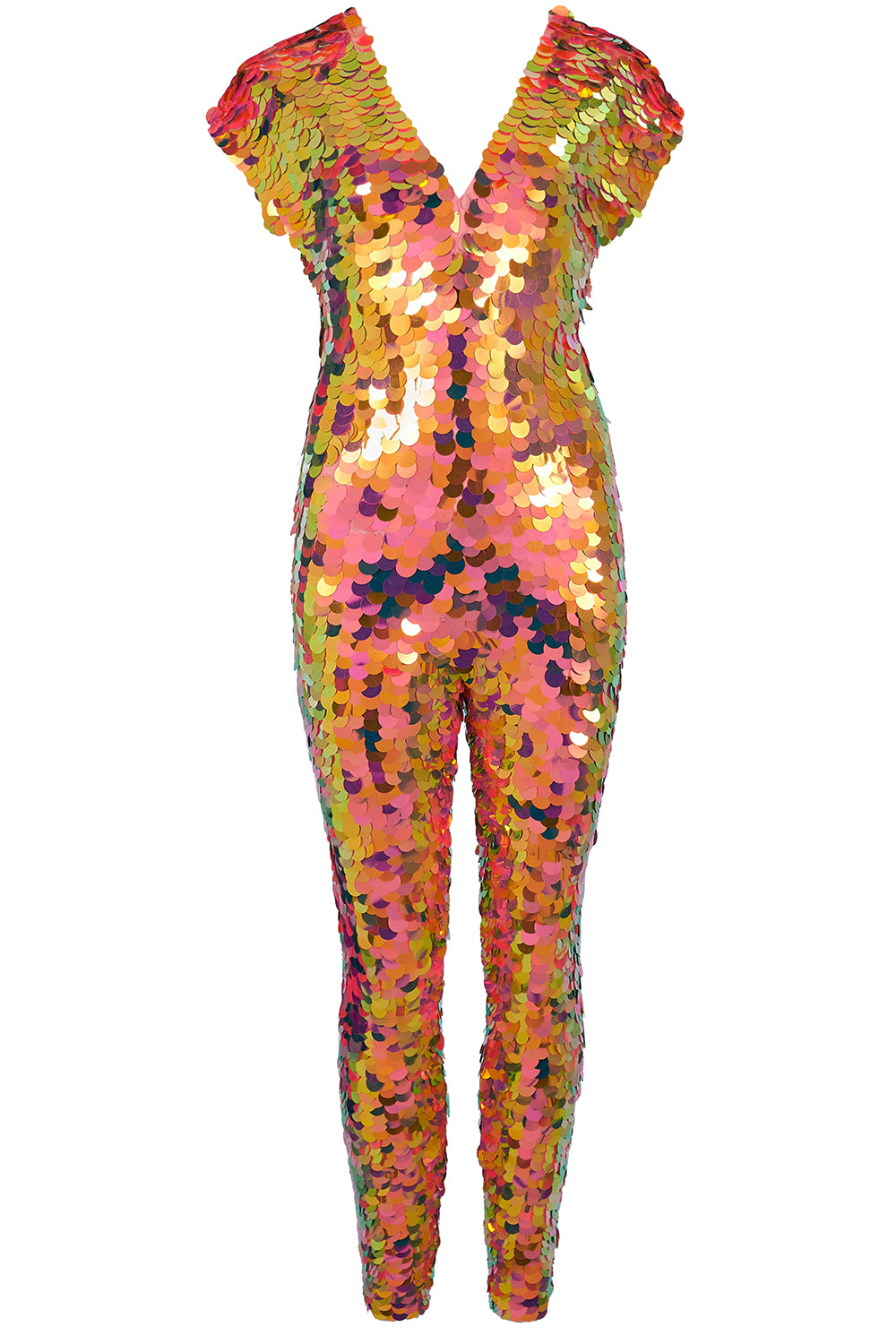 Jumpsuit covered in large round iridescent orange sequins