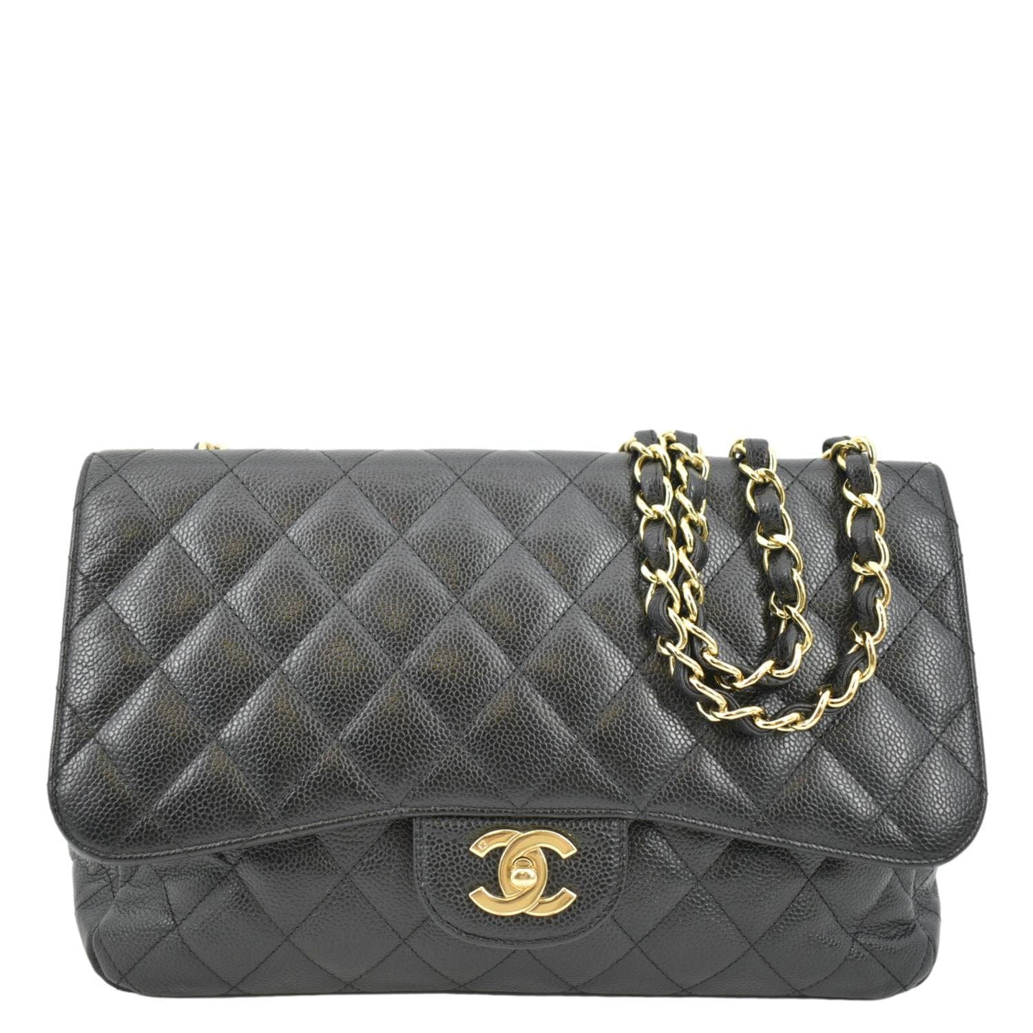 CHANEL Classic Jumbo Single Flap Quilted Caviar Leather Shoulder Bag B