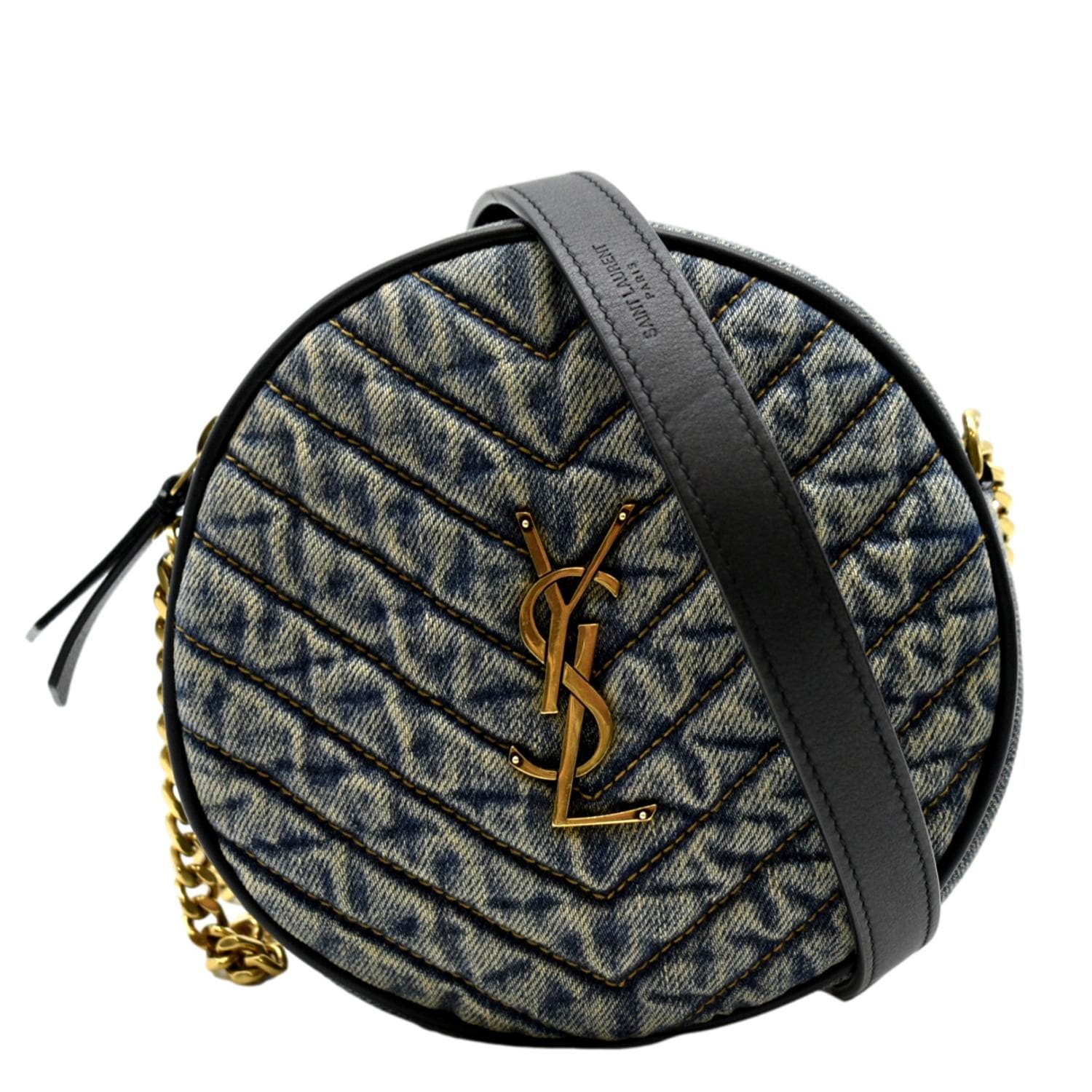 YVES SAINT LAURENT Vinyle Round Denim Camera Crossbody Bag Black