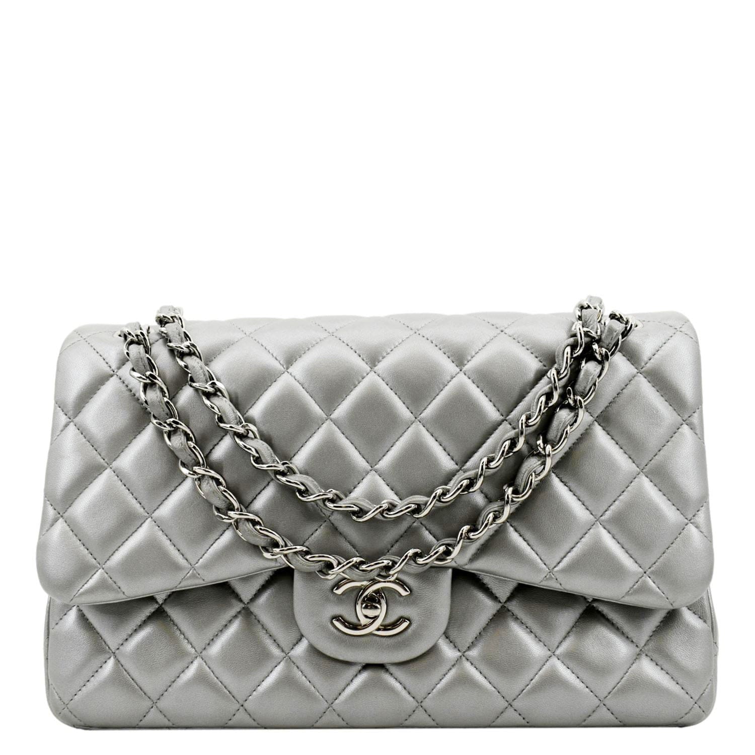 CHANEL Jumbo Flap Quilted Leather Shoulder Bag Metallic Silver