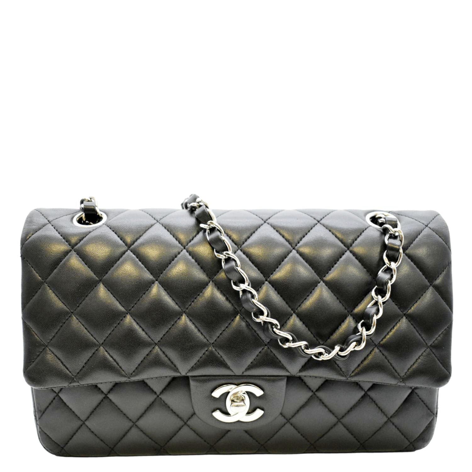 CHANEL Quilted Lambskin Leather Double Flap Classic Medium Black Bag