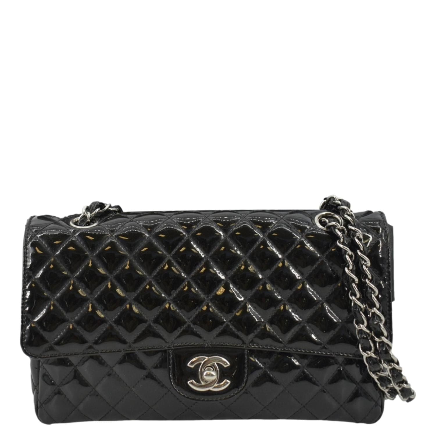 Chanel Classic Double Flap Quilted Patent Leather Silver-tone Jumbo Black -  US