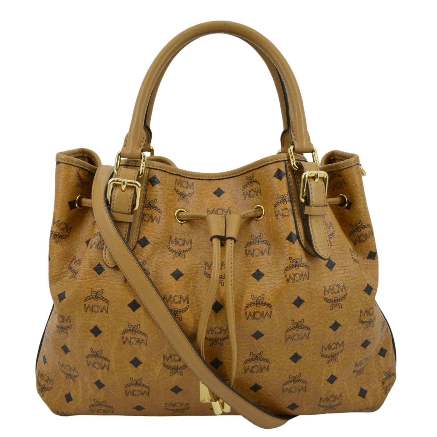 MCM Drawstring Visetos Monogram Print Tote Shoulder Bag Cognac