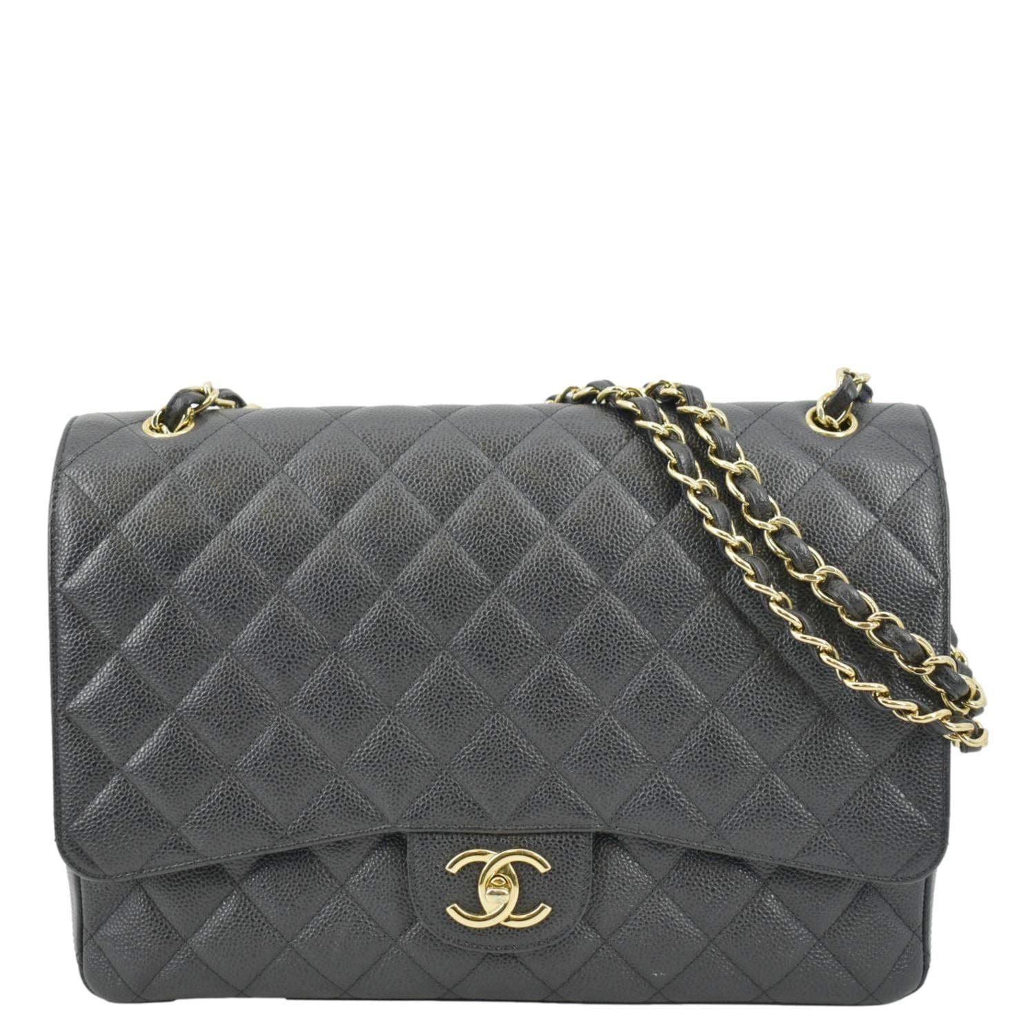 Chanel Classic Jumbo Double Flap Quilted Caviar Leather Shoulder Bag Black