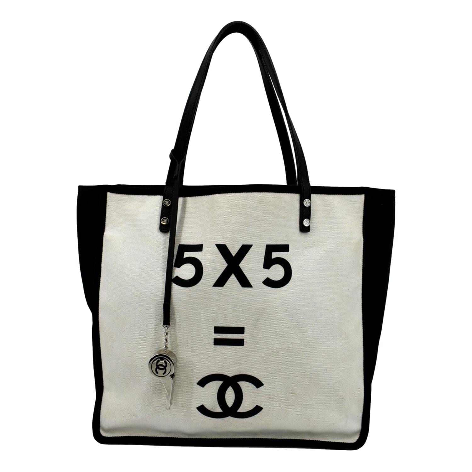 CHANEL, BLACK CANVAS AND WHITE LOGO PRINT TOTE BAG