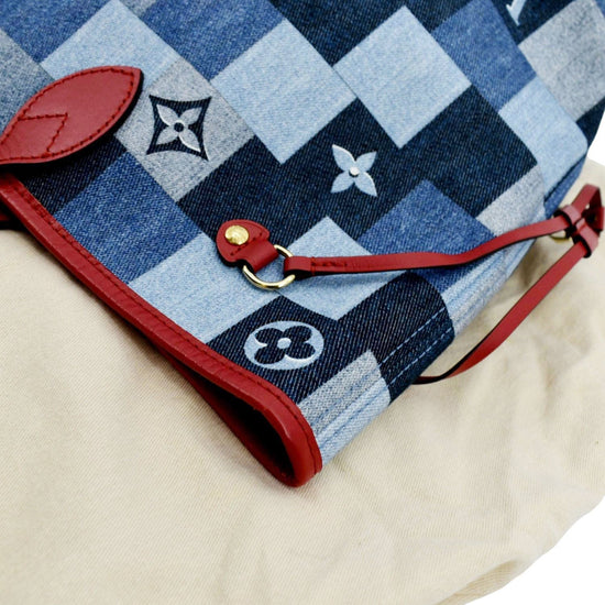 louis vuitton m44981 denim patchwork neverfull (ar5109) mm size red trim,  with pouch & dust cover