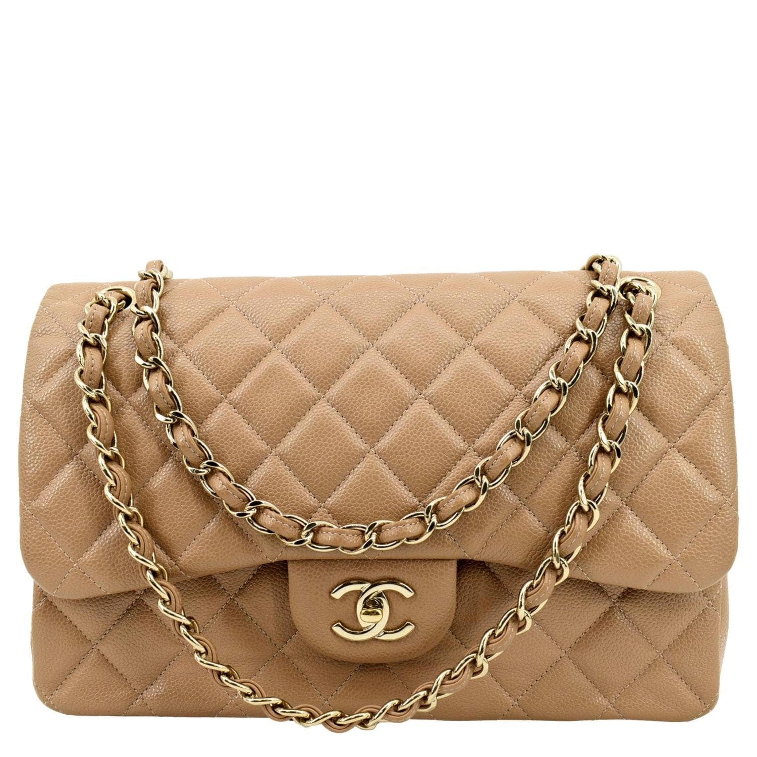 Chanel Classic Quilted Caviar Double Flap Jumbo Bag in Beige