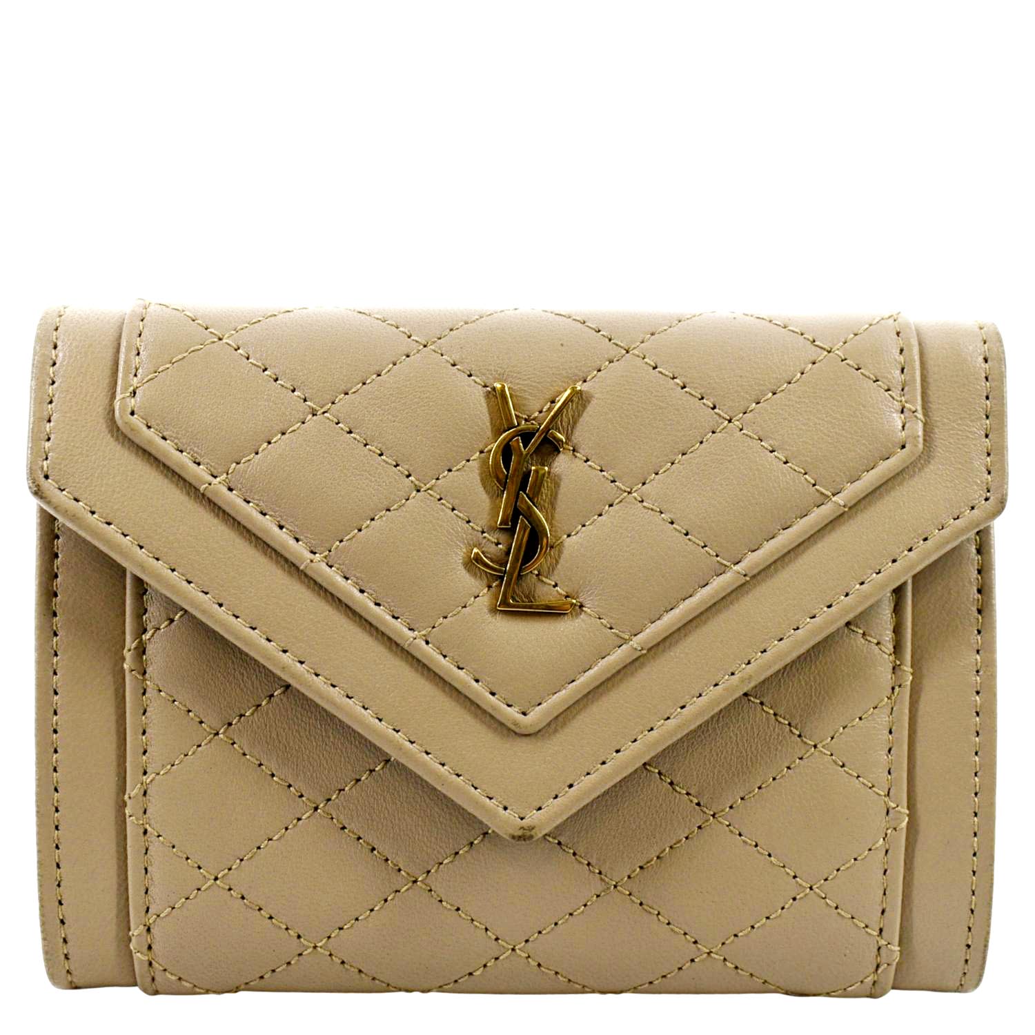 YVES SAINT LAURENT Gaby Small Envelope Quilted Leather Wallet Beige