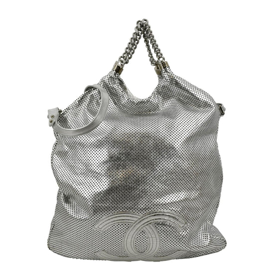 CHANEL Rodeo Drive Perforated Leather Shoulder Bag Metallic Silver