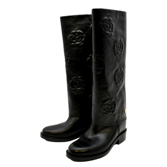 CHANEL Camellia Leather Boot Black