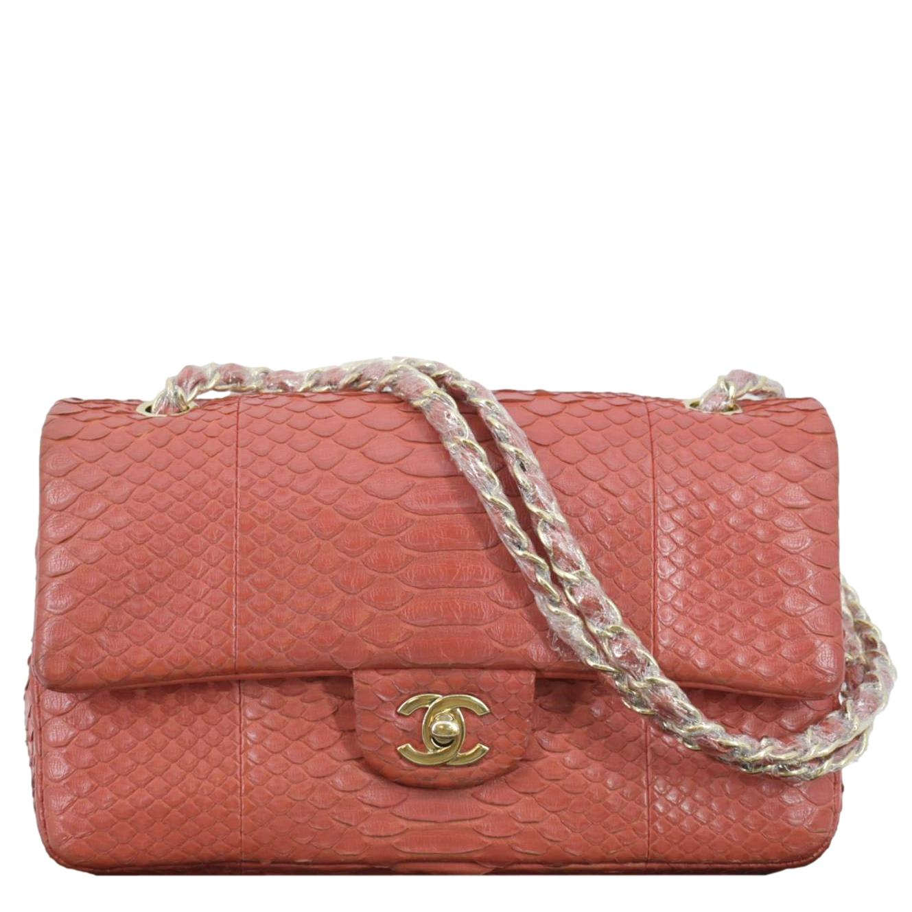 Chanel Classic Medium Double Flap Python Leather Shoulder Bag Red