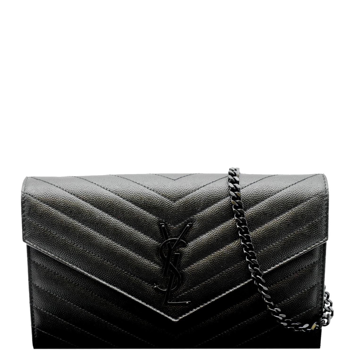 Yves Saint Laurent Cassandra Grain de Poudre Embossed Chain Wallet Black