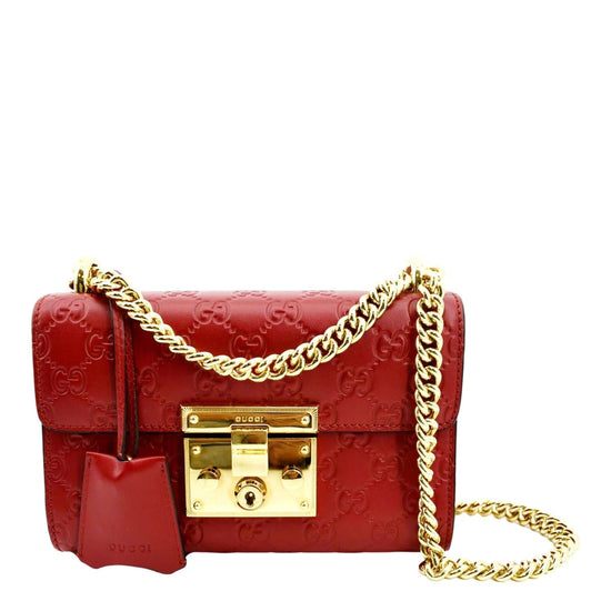 GUCCI Signature Padlock Leather Top Handle Shoulder Bag Red