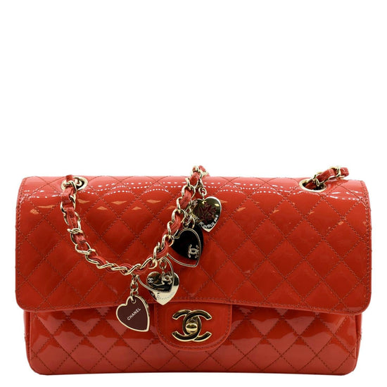 CHANEL Valentines Classic Flap Quilted Patent Leather Shoulder Bag Red