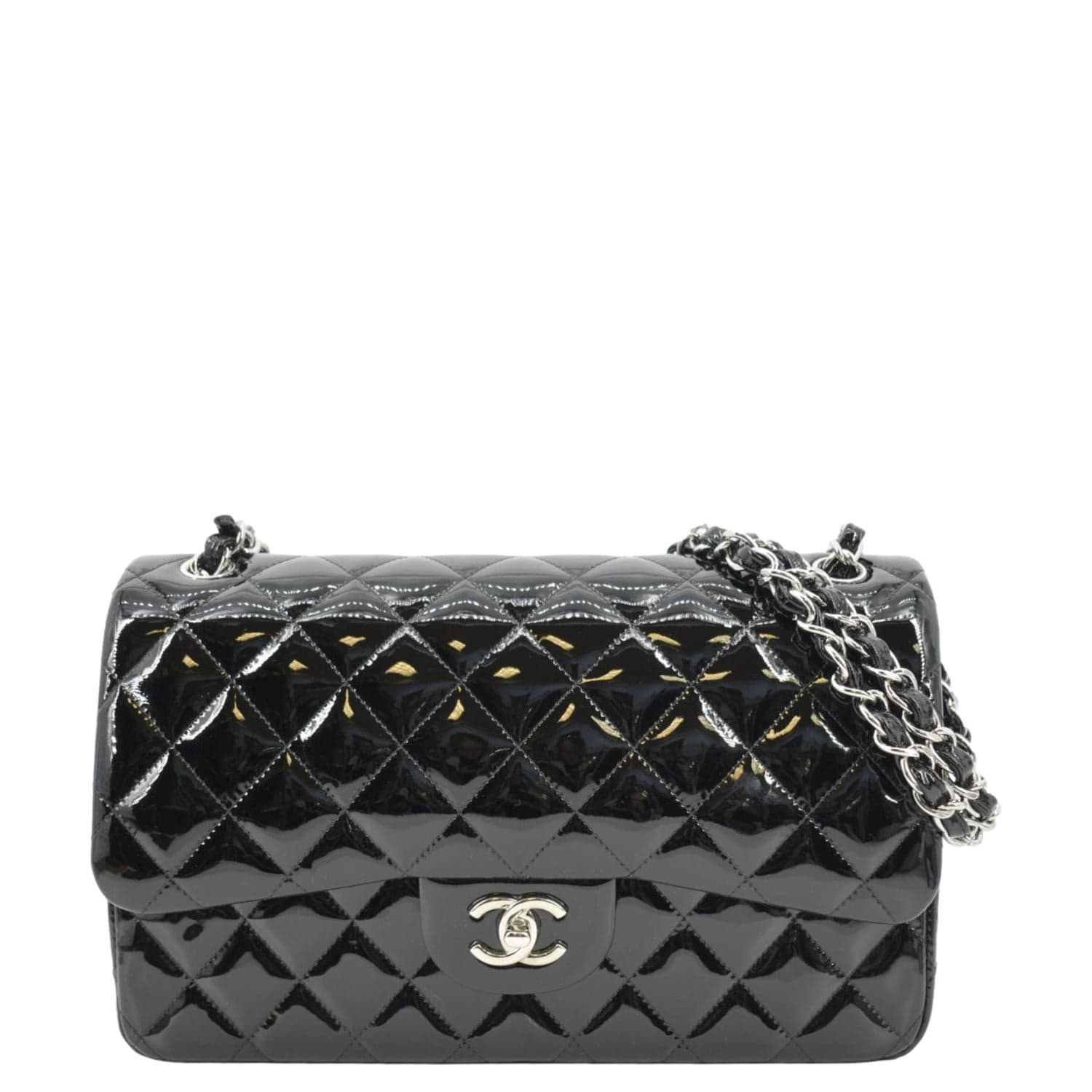 Chanel Classic Medium Double Flap Patent Leather Shoulder Bag Black