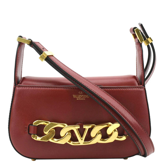 Valentino V Logo Chain Leather Shoulder Bag in Red