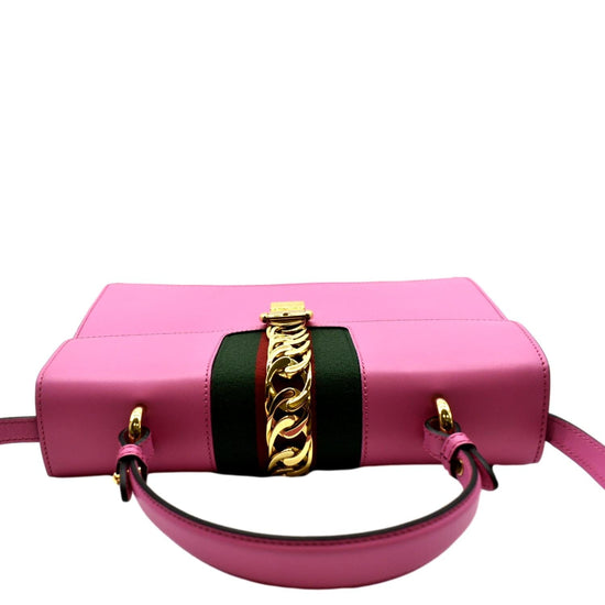 GUCCI Sylvie Medium Web Smooth Leather Top Handle Shoulder Bag Pink 43