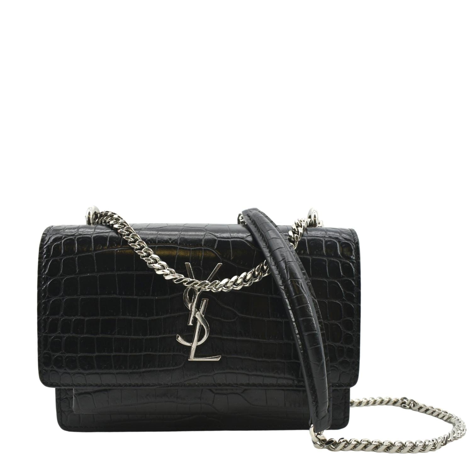 Mini Sunset Bag in Black Crocodile Embossed Leather