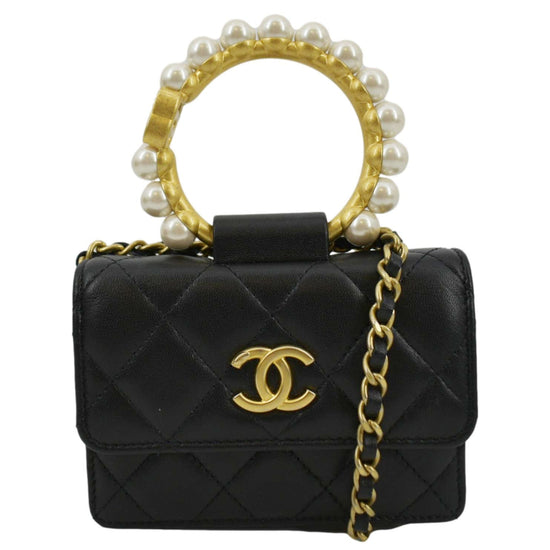 Chanel Pearl Mini Quilted Leather Top Handle Shoulder Bag Black