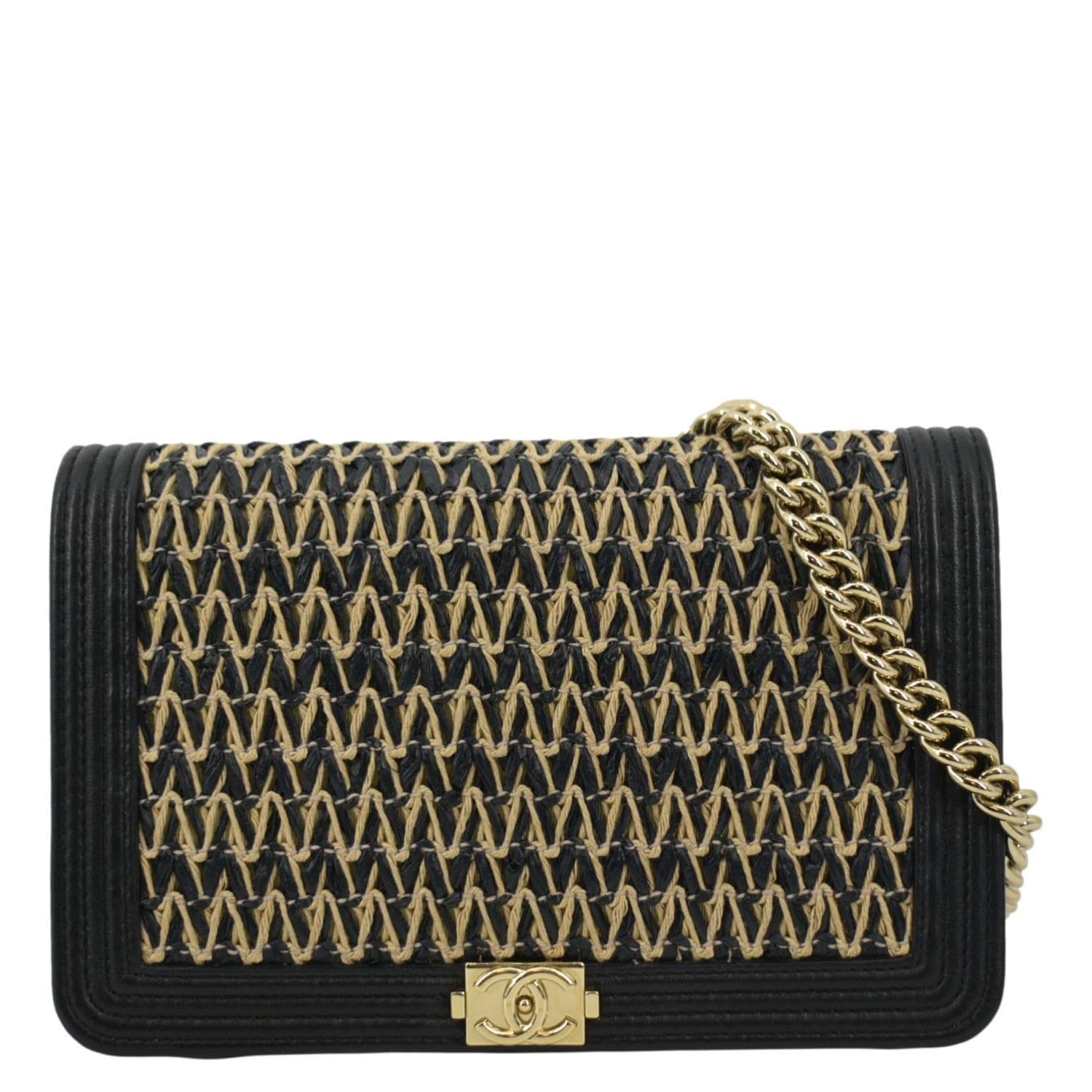 Leather Woven Gold Chain Purse Black