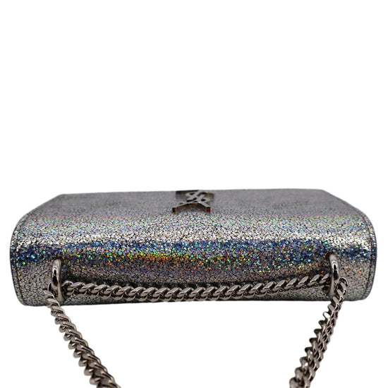 SAINT LAURENT Mini Sunset Crackle Metallic Silver Glitter Leather Crossbody  Bag