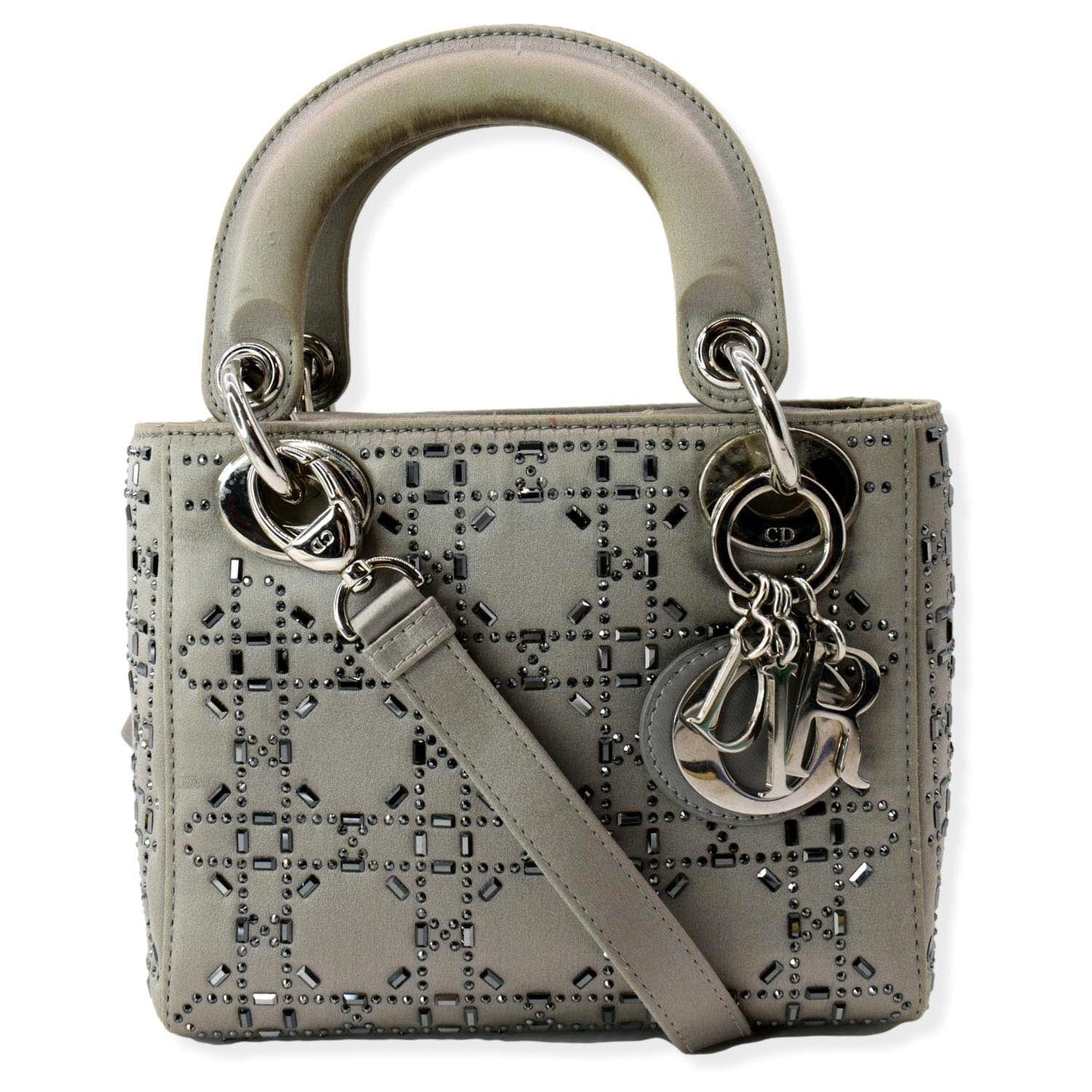 Christian Dior Mini Lady Dior Crystal Embellished Satin Shoulder Bag Gray