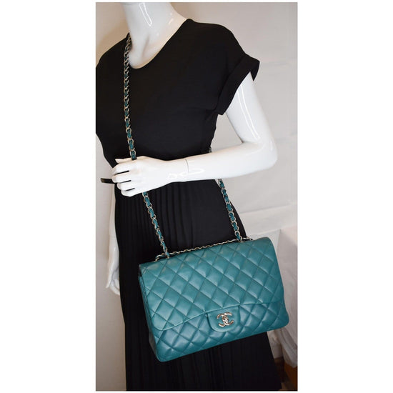 CHANEL Jumbo Single Flap Lambskin Leather Crossbody Bag Teal