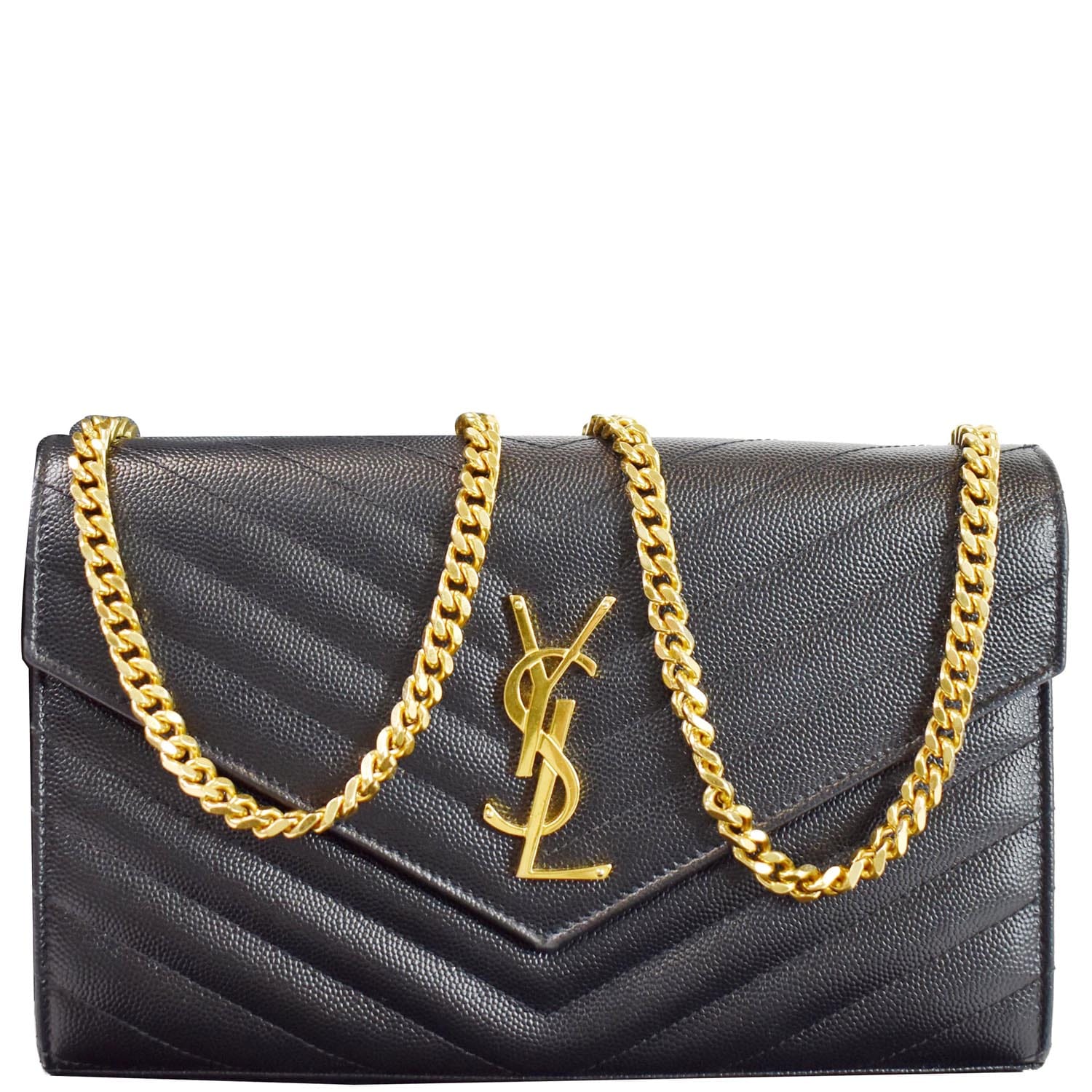 SAINT LAURENT Grain De Poudre Matelasse Chevron Monogram Envelope Chain  Wallet Dark Beige 1294788