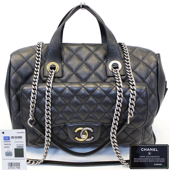 CHANEL BOWLING BAG Black Quilted Grained Leather Authenticity 