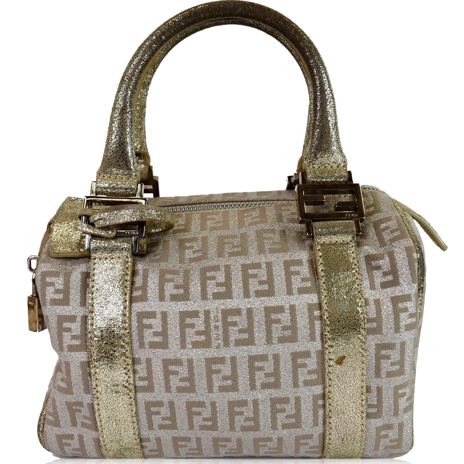 Fendi Brown Zucca Canvas and Red Leather Selleria Boston Bag