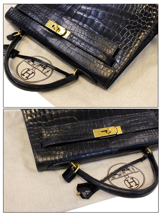 HERMES Black Crocodile Vintage Bag Gold Hardware Cordelière Clasp