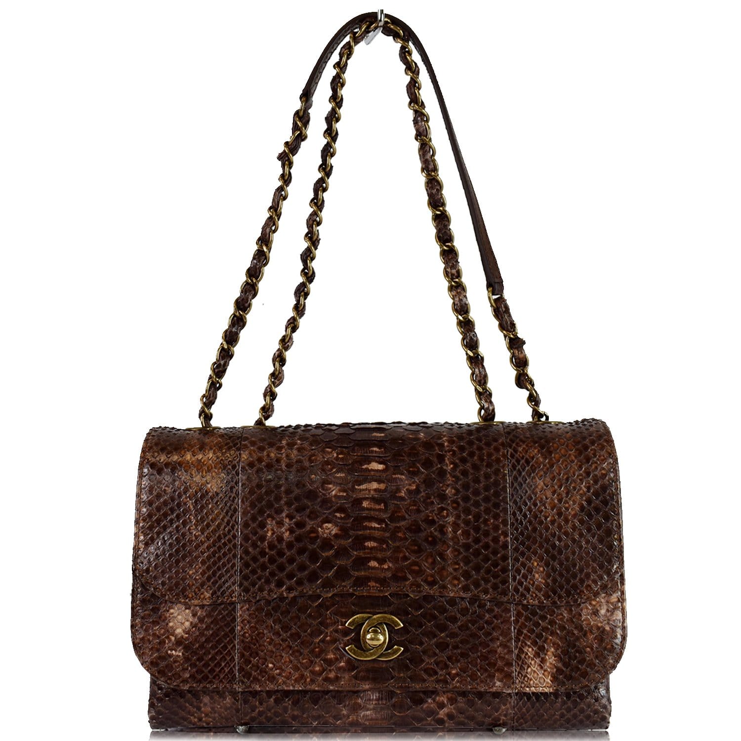 CHANEL Timeless Classic Flap Python Shoulder Bag Brown