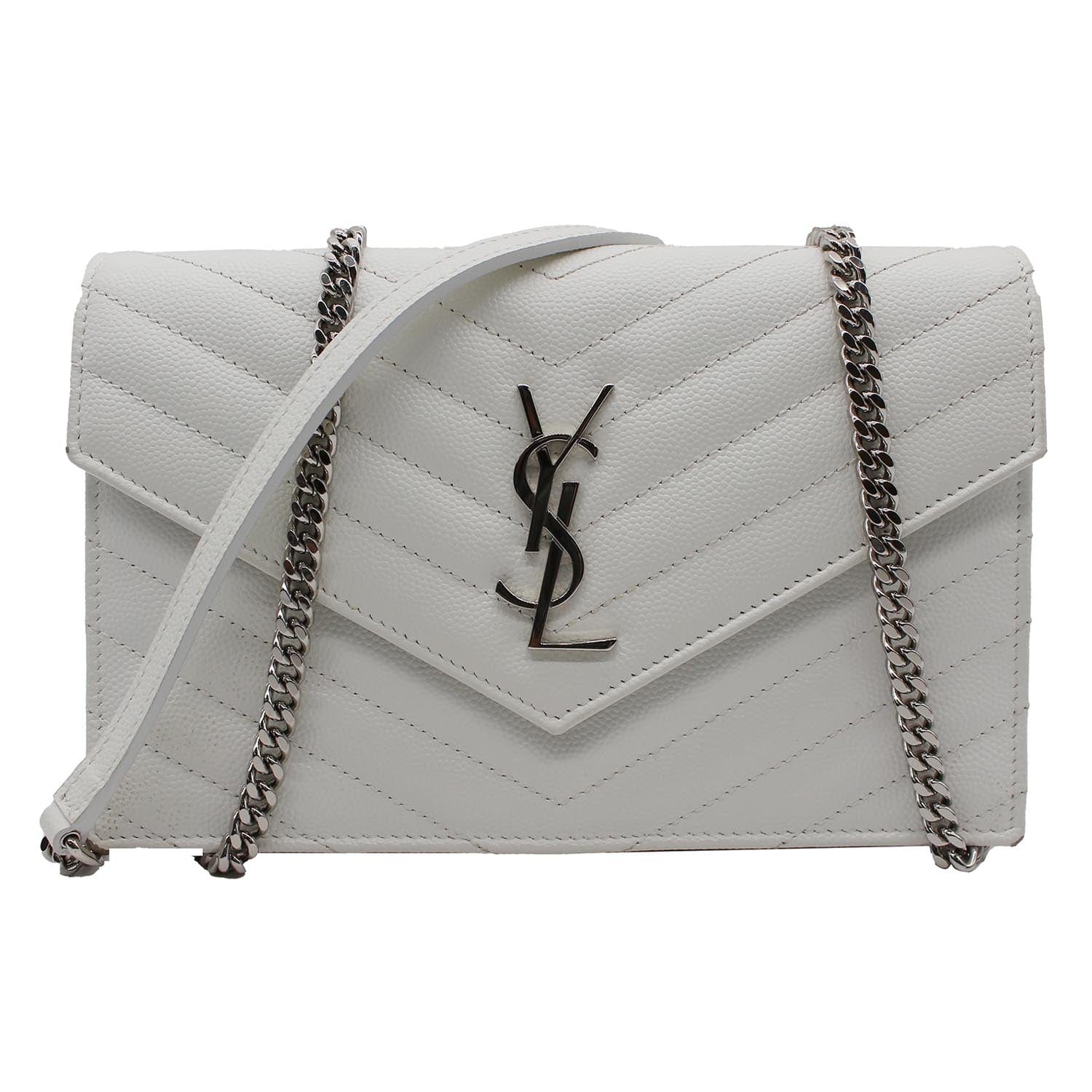 Auth Saint Laurent Long Wallet YSL Monogram Large Flap White Leather  H3.9”×W7.5”