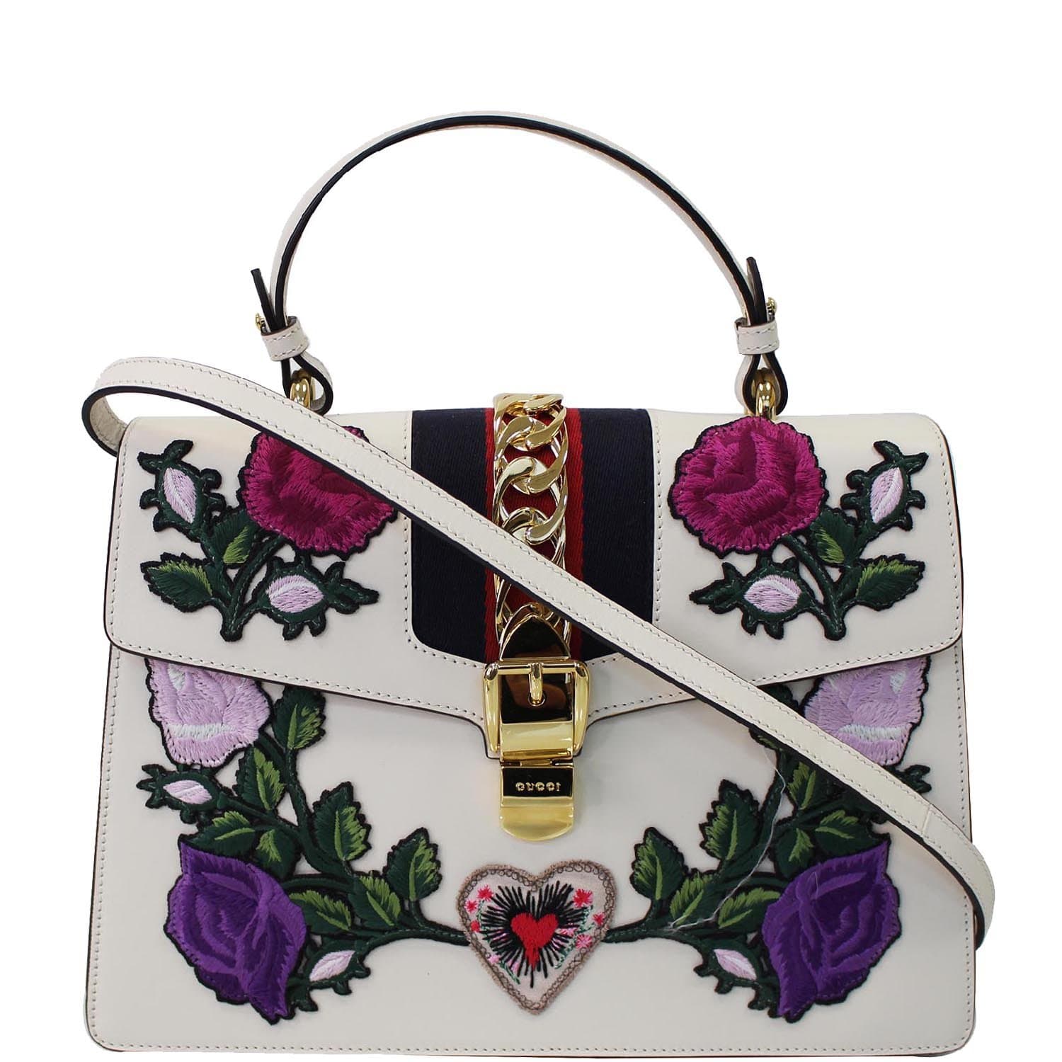 GUCCI Sylvie Embroidered Leather Medium Top Handle Bag White 431665