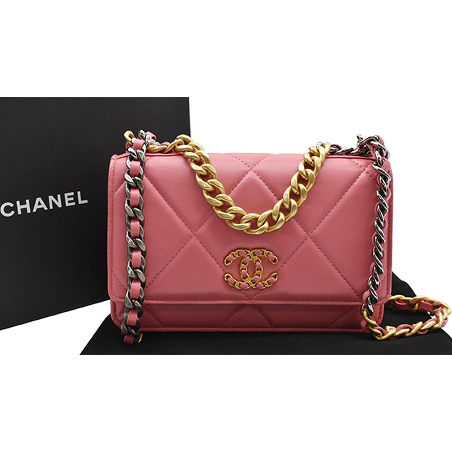 CHANEL 19 CC WOC Leather Wallet On Chain Crossbody Bag Pink