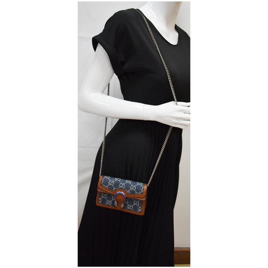 NWT Gucci Dionysus Super Mini Denim Chain Shoulder Bag Wallet On Chain  476432