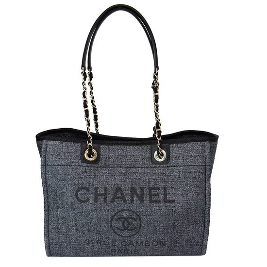 CHANEL Deauville Small Lurex Boucle Canvas Tote Bag Grey