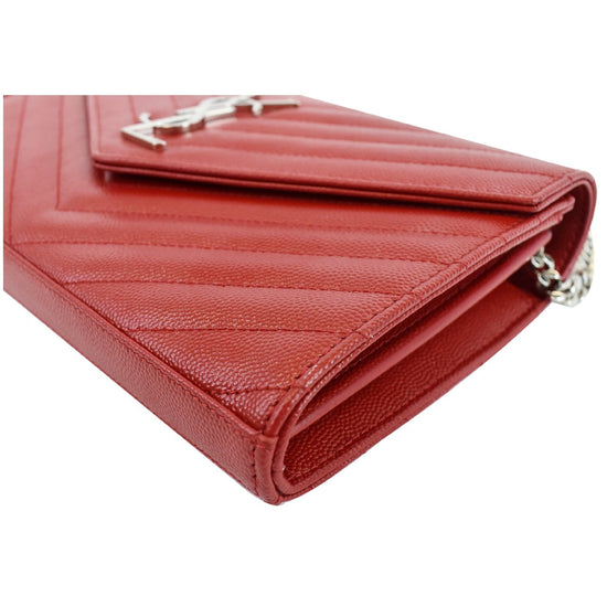 Yves Saint Laurent Sheepskin Matelasse Chevron Monogram College Chain  Wallet Red