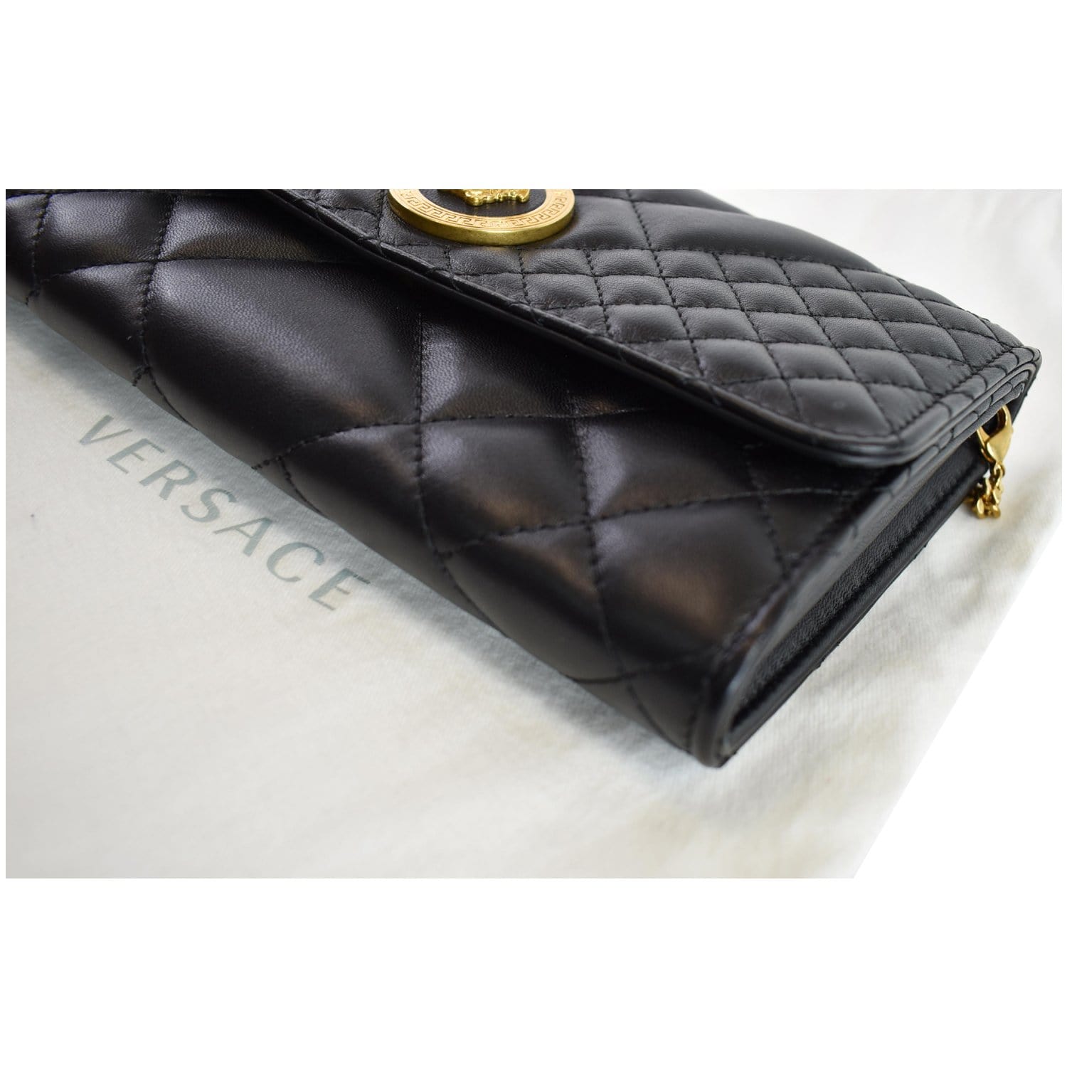 VERSACE Icon Quilted Leather Wallet on a Chain Crossbody Bag Black