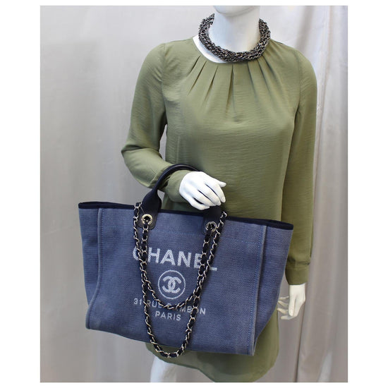 CHANEL Canvas Deauville Large Tote Denim Blue Shoulder